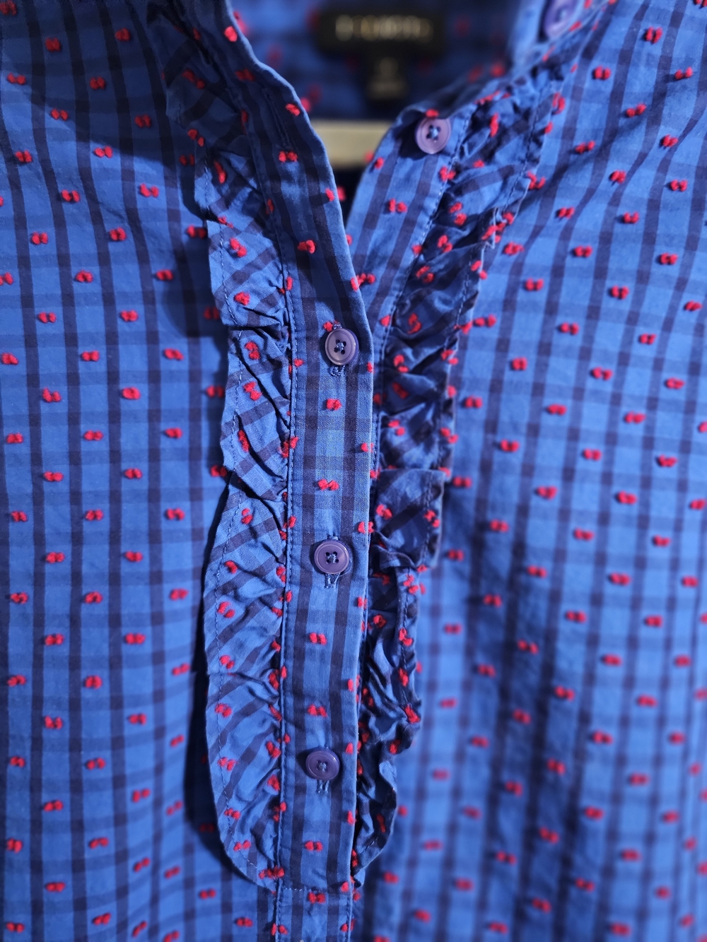 Talbots Blue Patterned Ruffle Front Button-Down Shirt - Picture 2 of 4